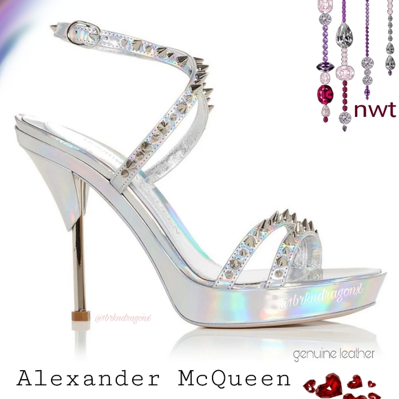 BNIOB ALEXANDER MCQUEEN Leather Silver Iridescent Heels Caged Embellished - Picture 13 of 15